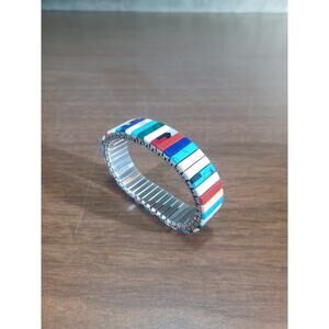 Vintage 70s Multi Stone Tile Bracelet Mothers Of Pearl, Turquoise, Stretch Band